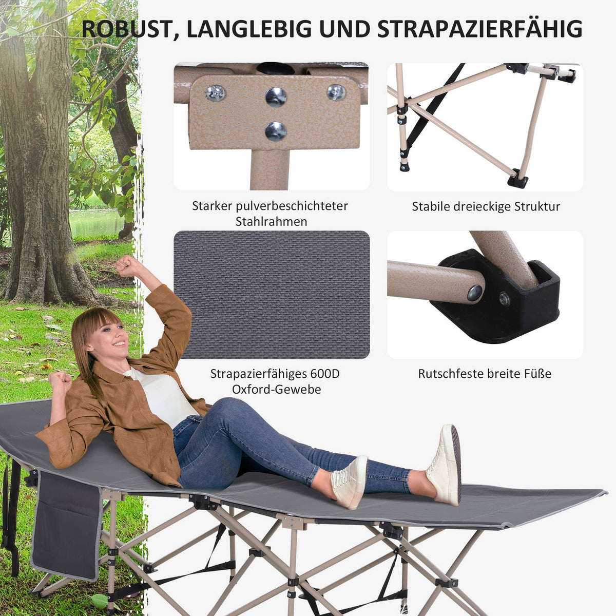 Camp bed with storage bag, foldable camping bed, camping lounger, including carry bag, steel Oxford, gray, 190 x 68 x 52 cm