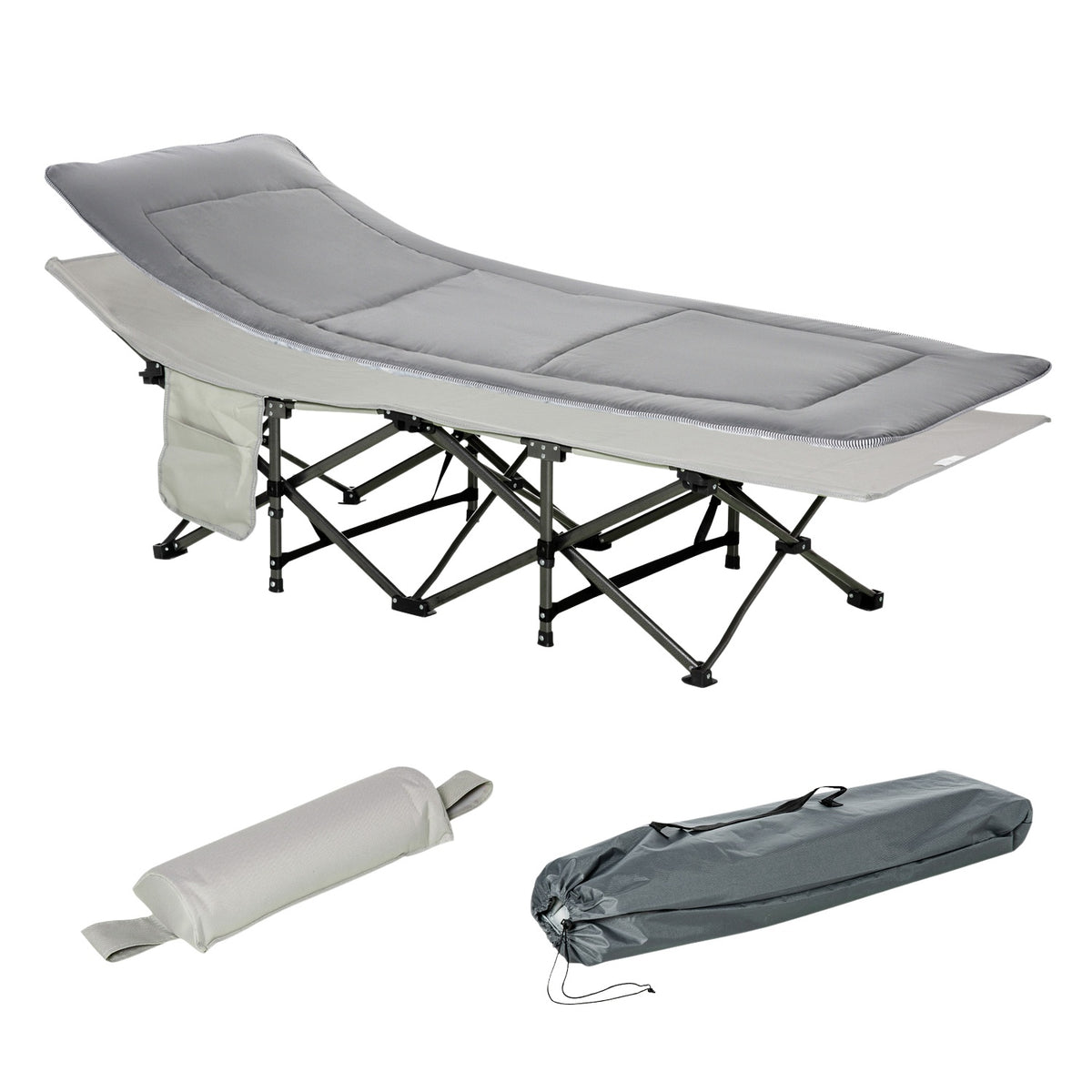 Camping Bed, Camp Bed, Folding Bed With Pillow, Side Pocket, Mattress, Light Gray, Up To 150Kg