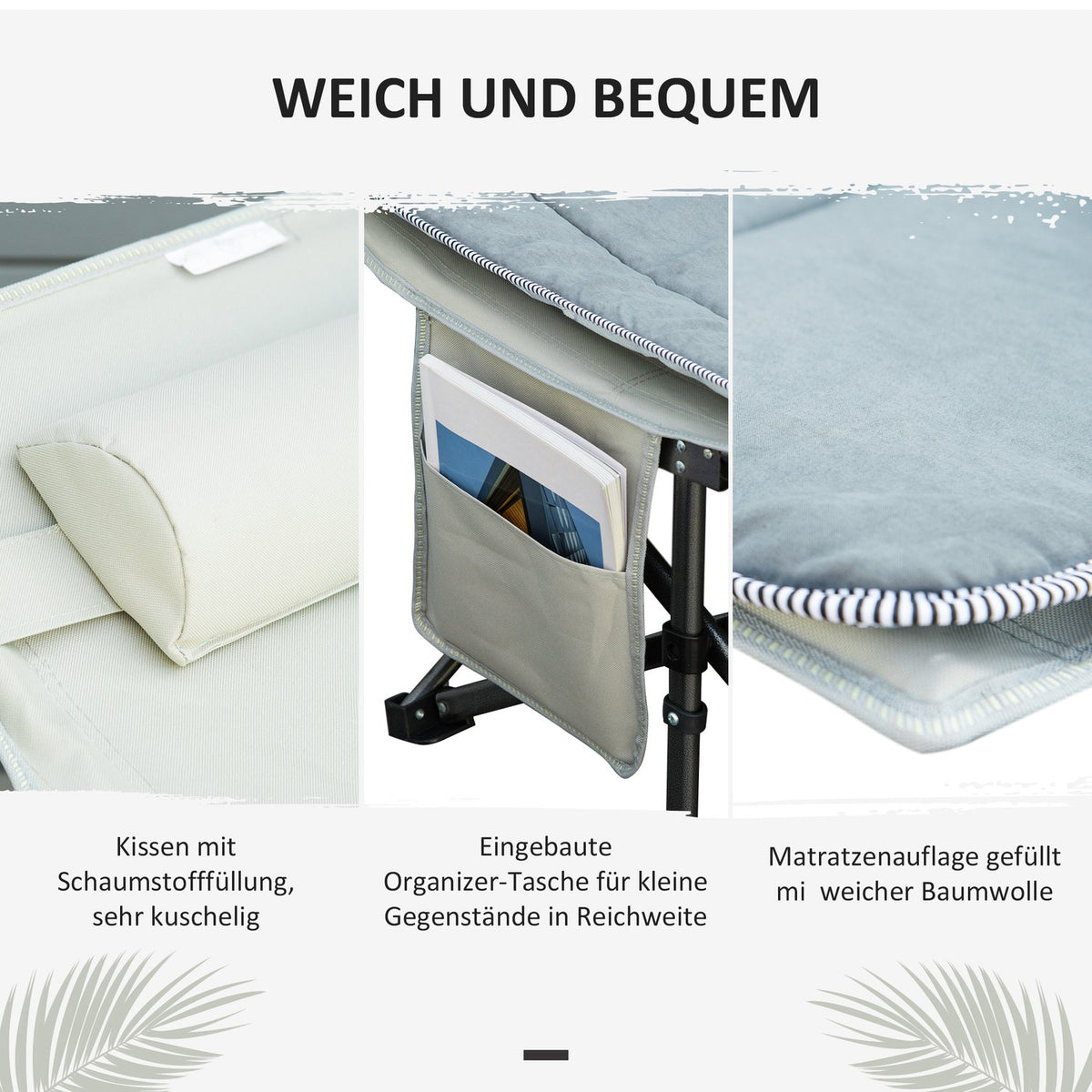 Camping Bed, Camp Bed, Folding Bed With Pillow, Side Pocket, Mattress, Light Gray, Up To 150Kg