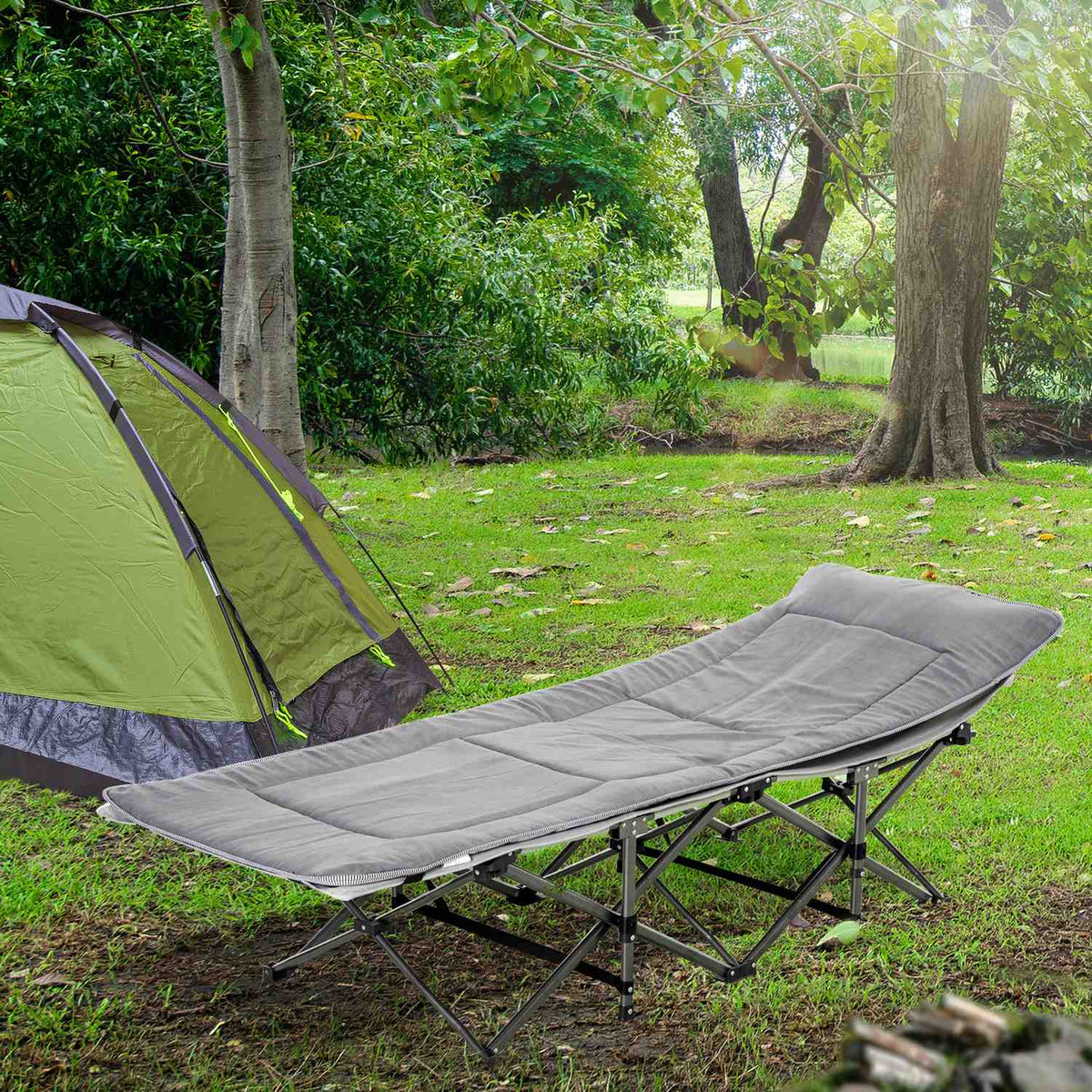 Camping Bed, Camp Bed, Folding Bed With Pillow, Side Pocket, Mattress, Light Gray, Up To 150Kg