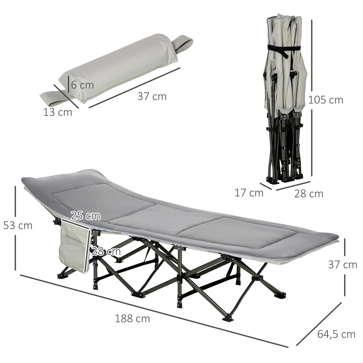 Camping Bed, Camp Bed, Folding Bed With Pillow, Side Pocket, Mattress, Light Gray, Up To 150Kg