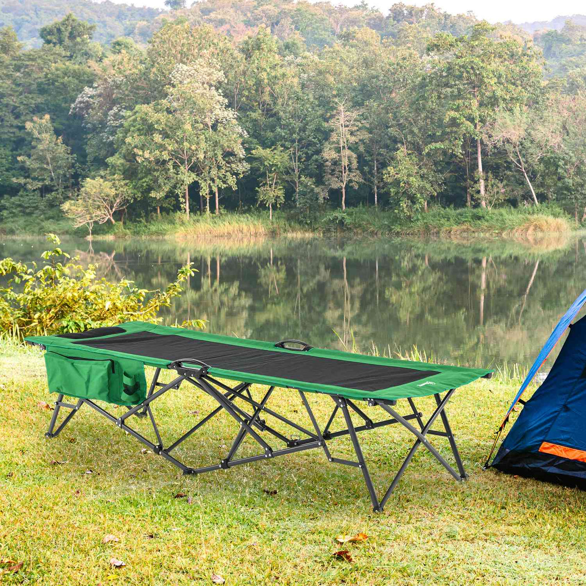 Camping Bed, Camp Bed, Folding Bed With Side Pocket, Drink Holder, Load Capacity Up To 136 Kg, Steel Oxford Green + Black, 200 X 73 X 49 Cm