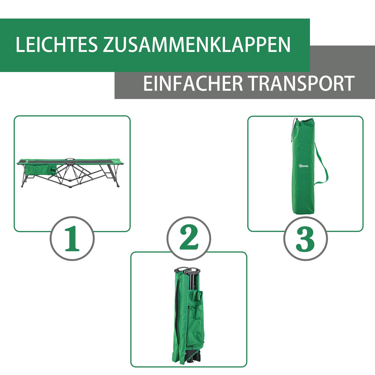 Camping Bed, Camp Bed, Folding Bed With Side Pocket, Drink Holder, Load Capacity Up To 136 Kg, Steel Oxford Green + Black, 200 X 73 X 49 Cm