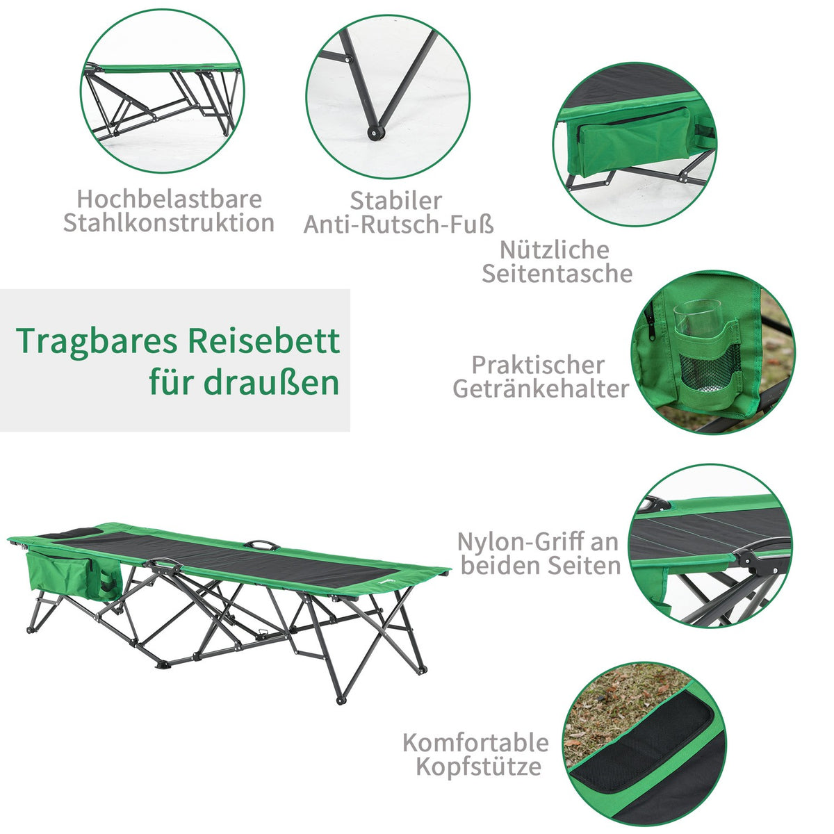 Camping Bed, Camp Bed, Folding Bed With Side Pocket, Drink Holder, Load Capacity Up To 136 Kg, Steel Oxford Green + Black, 200 X 73 X 49 Cm