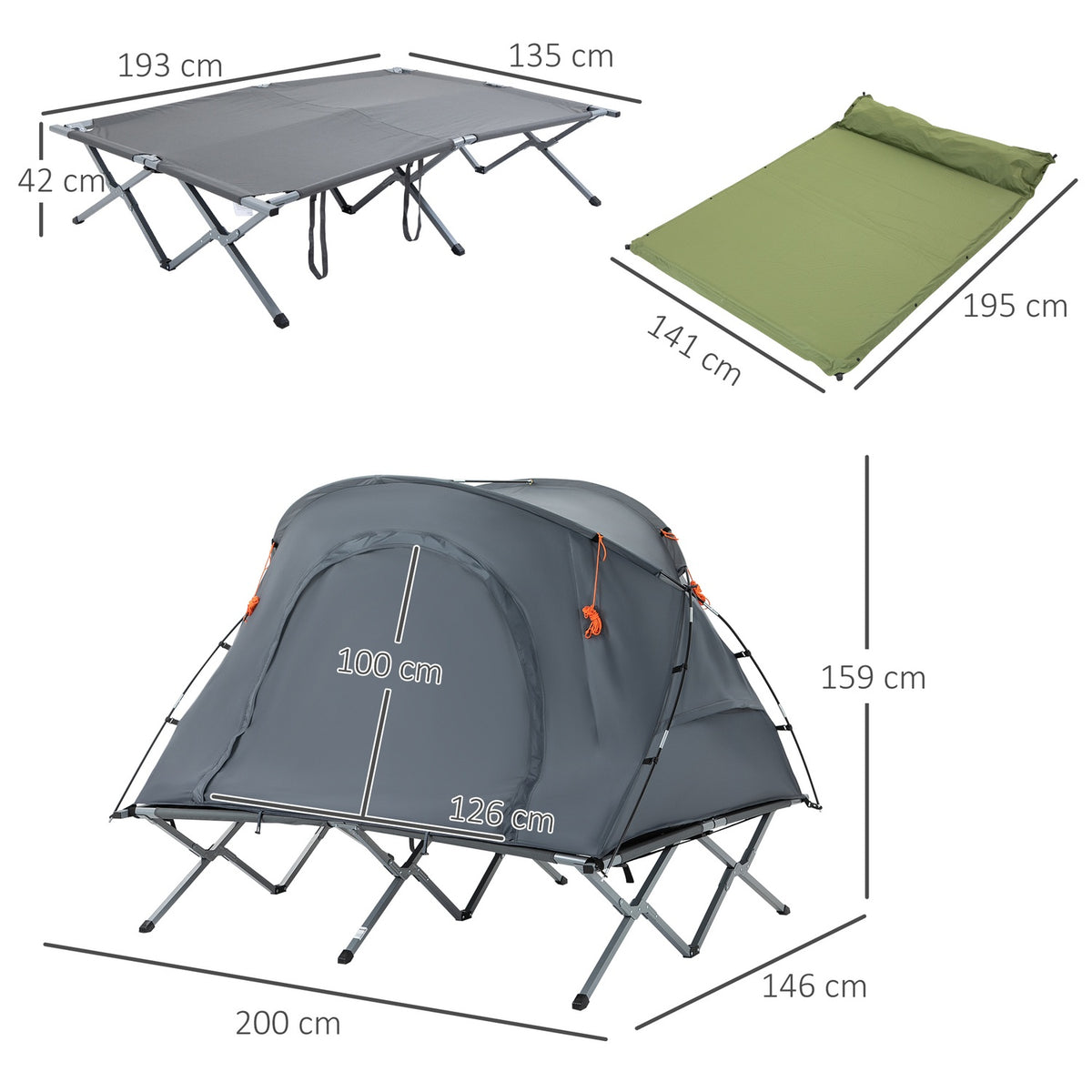 Camping Bed Dome Tent 2 Person Air Mattress Gray 200X146X159Cm