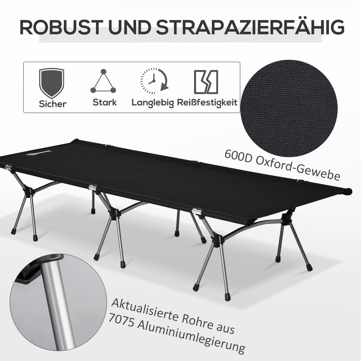 Camping Bed, Foldable Aluminum Field Bed With Carrying Bag, Height-Adjustable, Black, 190X65X38Cm, Up To 150Kg