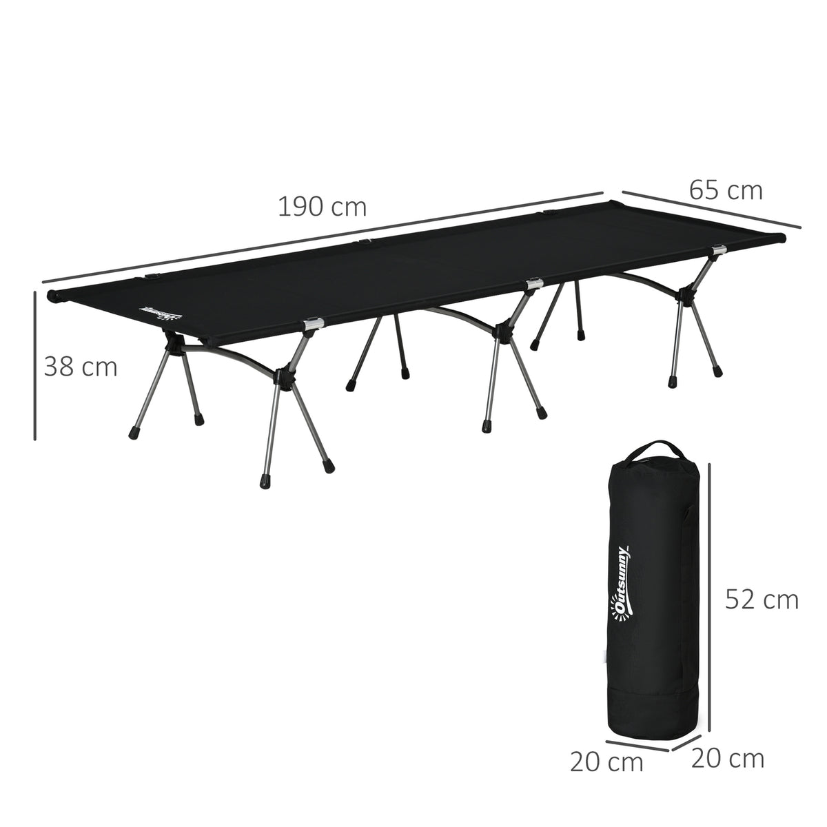 Camping Bed, Foldable Aluminum Field Bed With Carrying Bag, Height-Adjustable, Black, 190X65X38Cm, Up To 150Kg