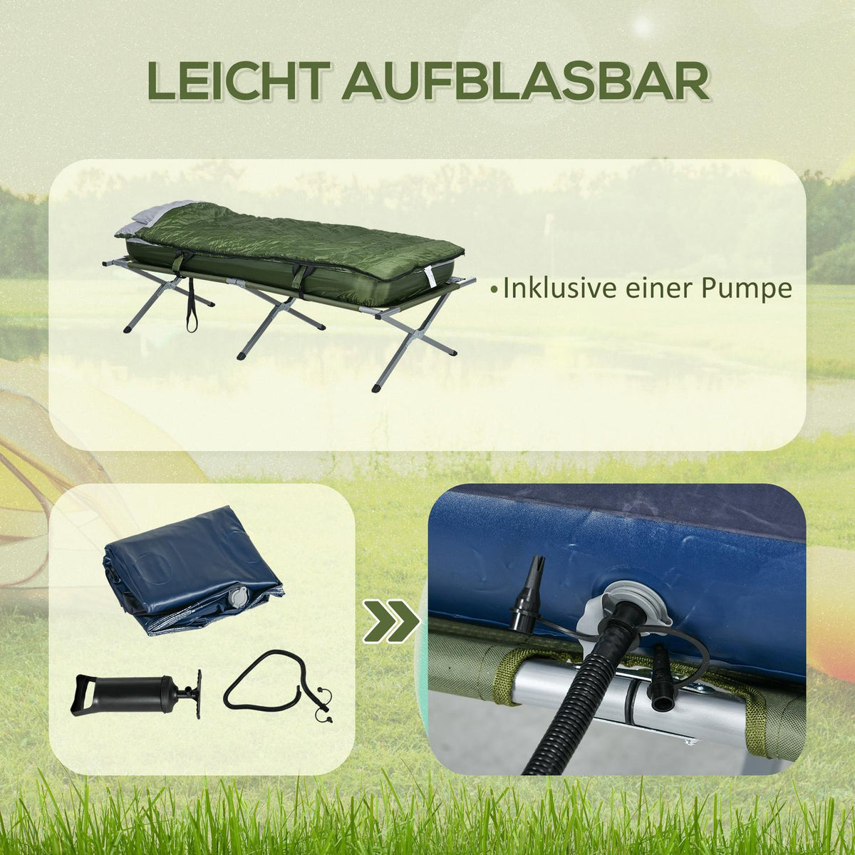 Camping Bed, Single Bed, Camp Bed With Pillow, Folding Travel Cot With Sturdy Steel Frame, Load Capacity Up To 120 Kg, Oxford Green
