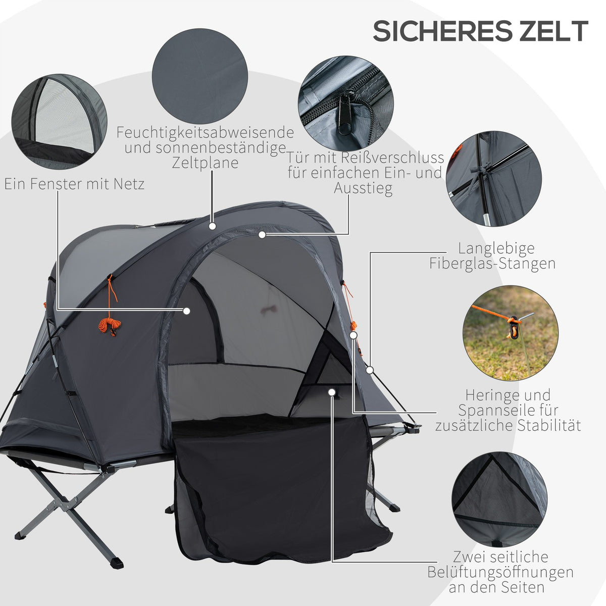 Camping Bed With Tent Raised Camp Bed For 1 Person Dome Tent With Air Mattress Incl. Carry Bag Gray 200 X 86 X 147 Cm