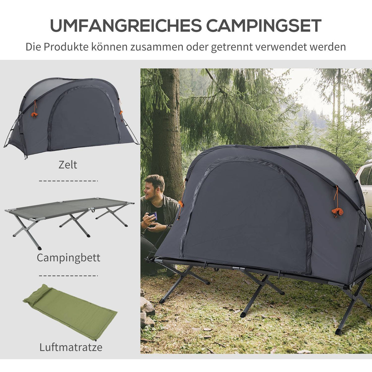 Camping Bed With Tent Raised Camp Bed For 1 Person Dome Tent With Air Mattress Incl. Carry Bag Gray 200 X 86 X 147 Cm