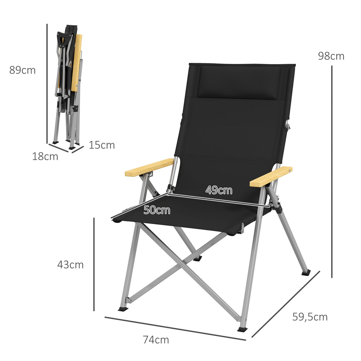 Camping Chair Folding Garden Chair with 4 Level Adjustable Backrest Headrest Folding Chair with Carry Bag Oxford Black