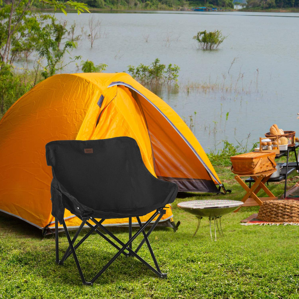 Camping Chair Folding Garden Chair with Side Pocket Steel Legs Folding Chair with Carry Bag for Pool Beach Oxford Black