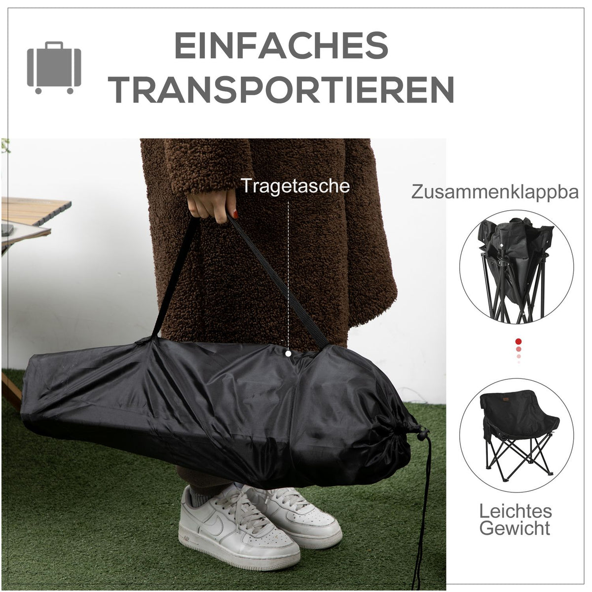 Camping Chair Folding Garden Chair with Side Pocket Steel Legs Folding Chair with Carry Bag for Pool Beach Oxford Black
