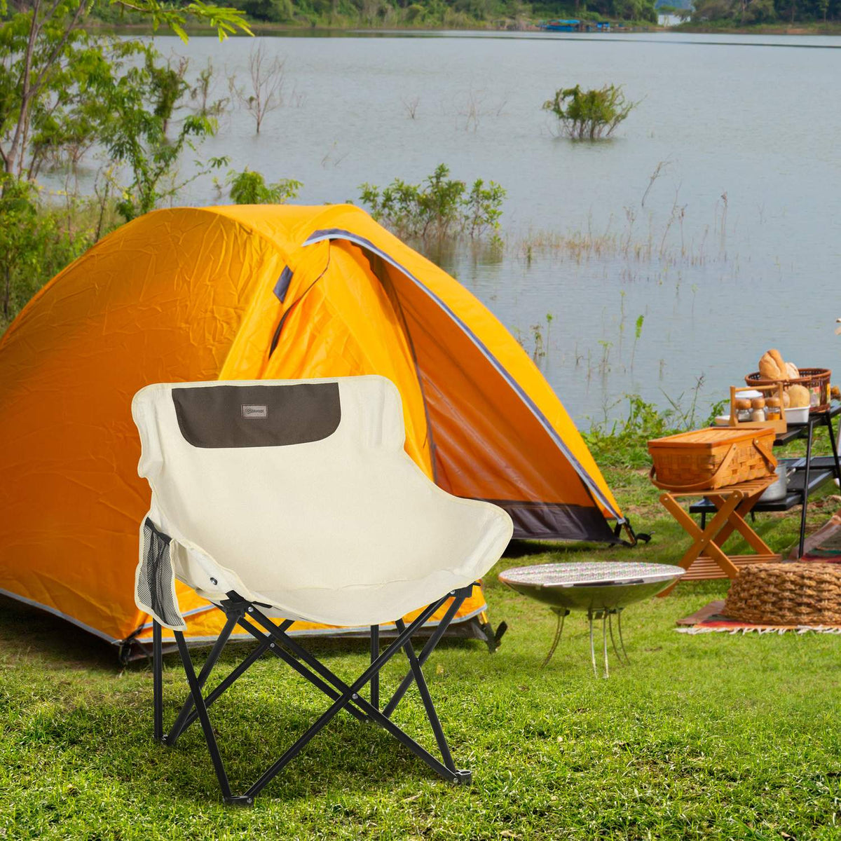 Camping Chair Folding Garden Chair with Side Pocket Steel Legs Folding Chair with Carry Bag for Pool Beach Oxford White