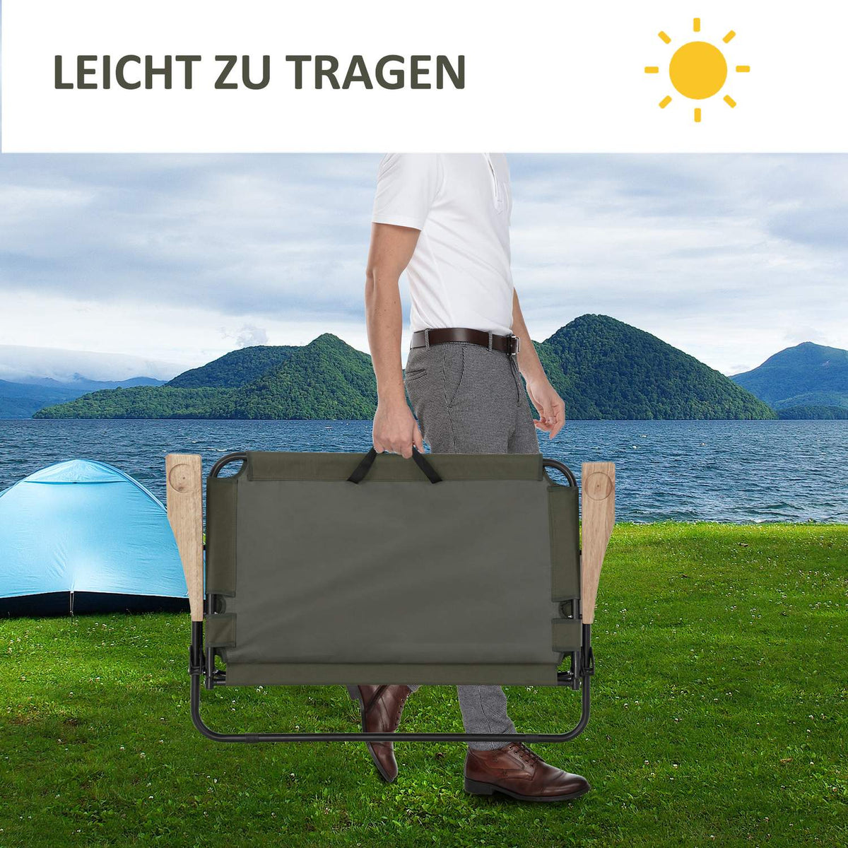 Camping Chair, Garden Chair, Director'S Chair, Folding Chair, 2-Seater, Foldable With Cup Holder Up To 160 Kg, Steel + Oxford Fabric + Wood, Green, 141 X 67 X 80 Cm