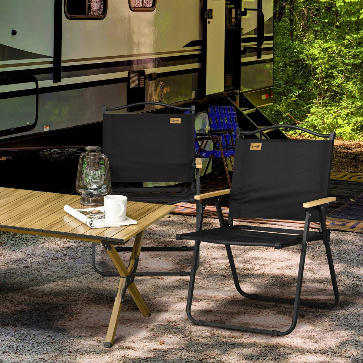 Camping Chair Set of 2 Folding Garden Chairs with Steel Frame, Wood Look, Folding Chairs for Pool, Beach, Oxford, Black