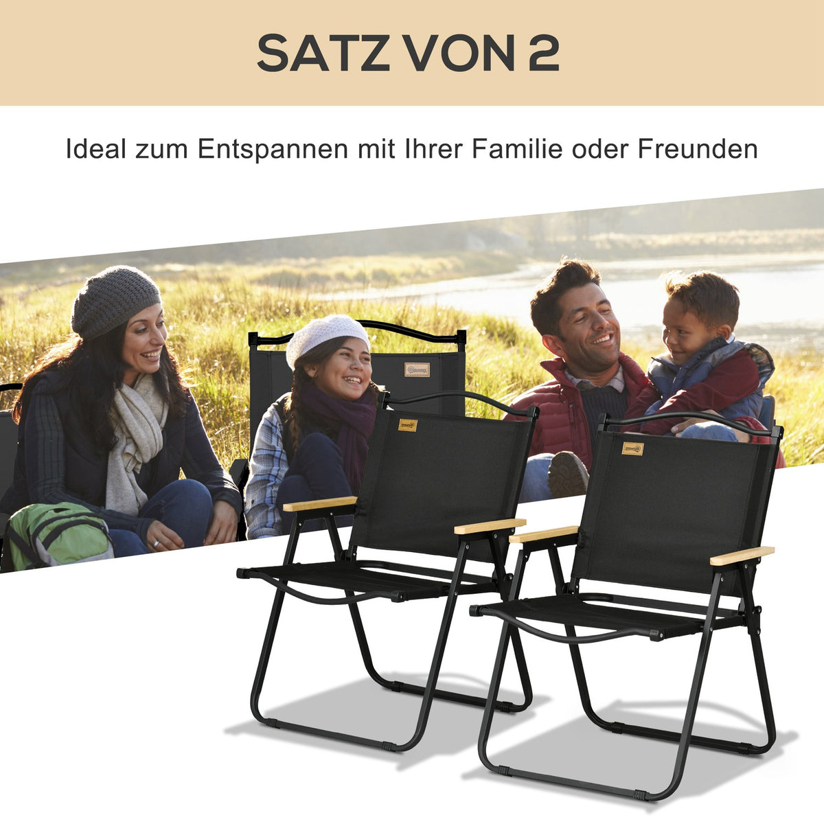 Camping Chair Set of 2 Folding Garden Chairs with Steel Frame, Wood Look, Folding Chairs for Pool, Beach, Oxford, Black