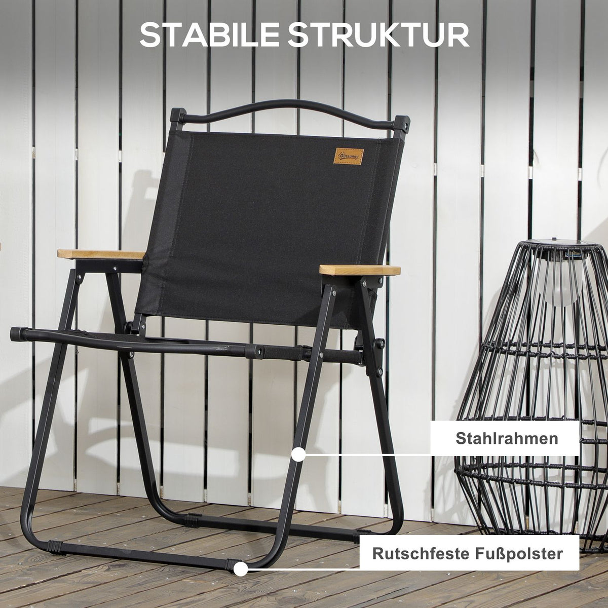 Camping Chair Set of 2 Folding Garden Chairs with Steel Frame, Wood Look, Folding Chairs for Pool, Beach, Oxford, Black