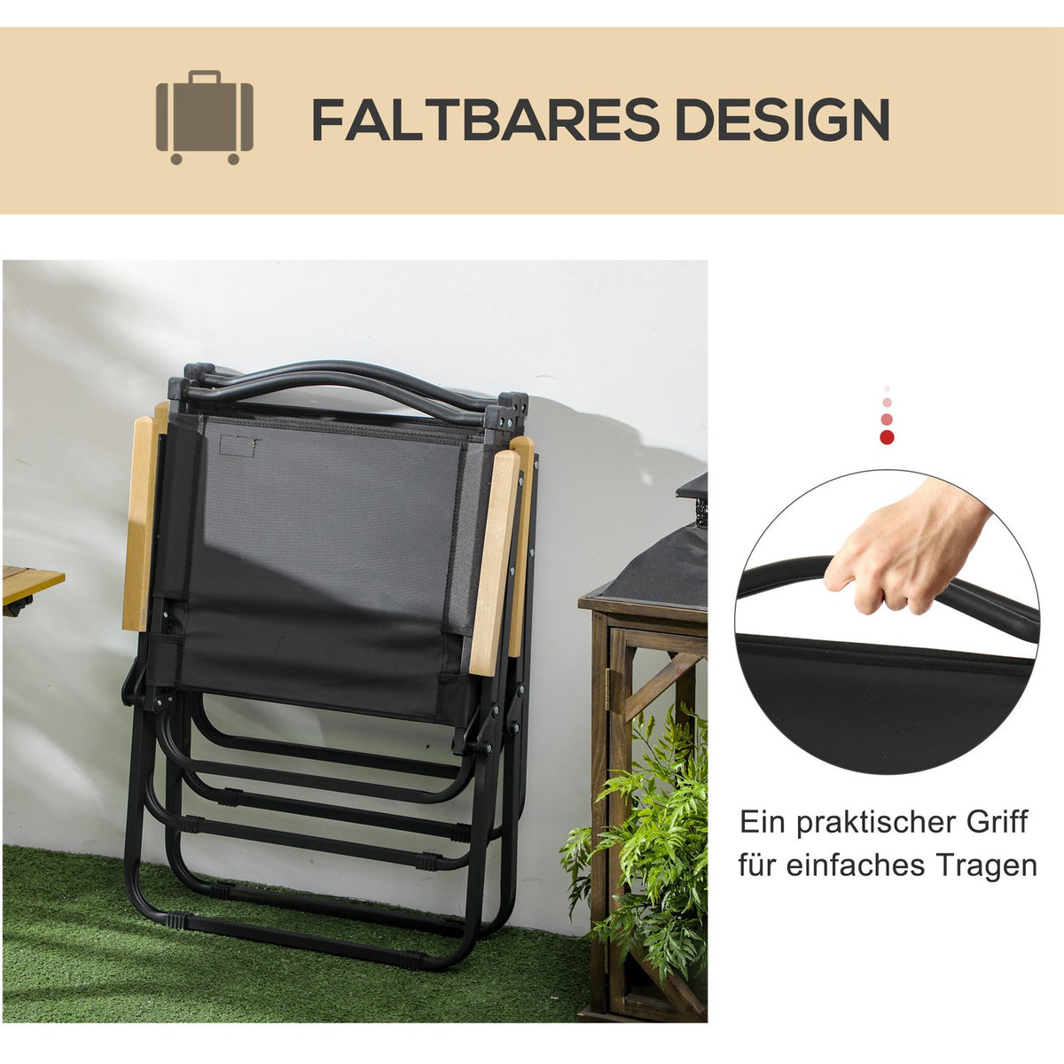 Camping Chair Set of 2 Folding Garden Chairs with Steel Frame, Wood Look, Folding Chairs for Pool, Beach, Oxford, Black