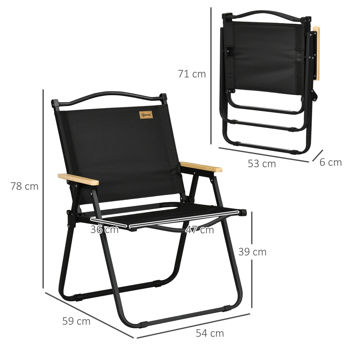 Camping Chair Set of 2 Folding Garden Chairs with Steel Frame, Wood Look, Folding Chairs for Pool, Beach, Oxford, Black