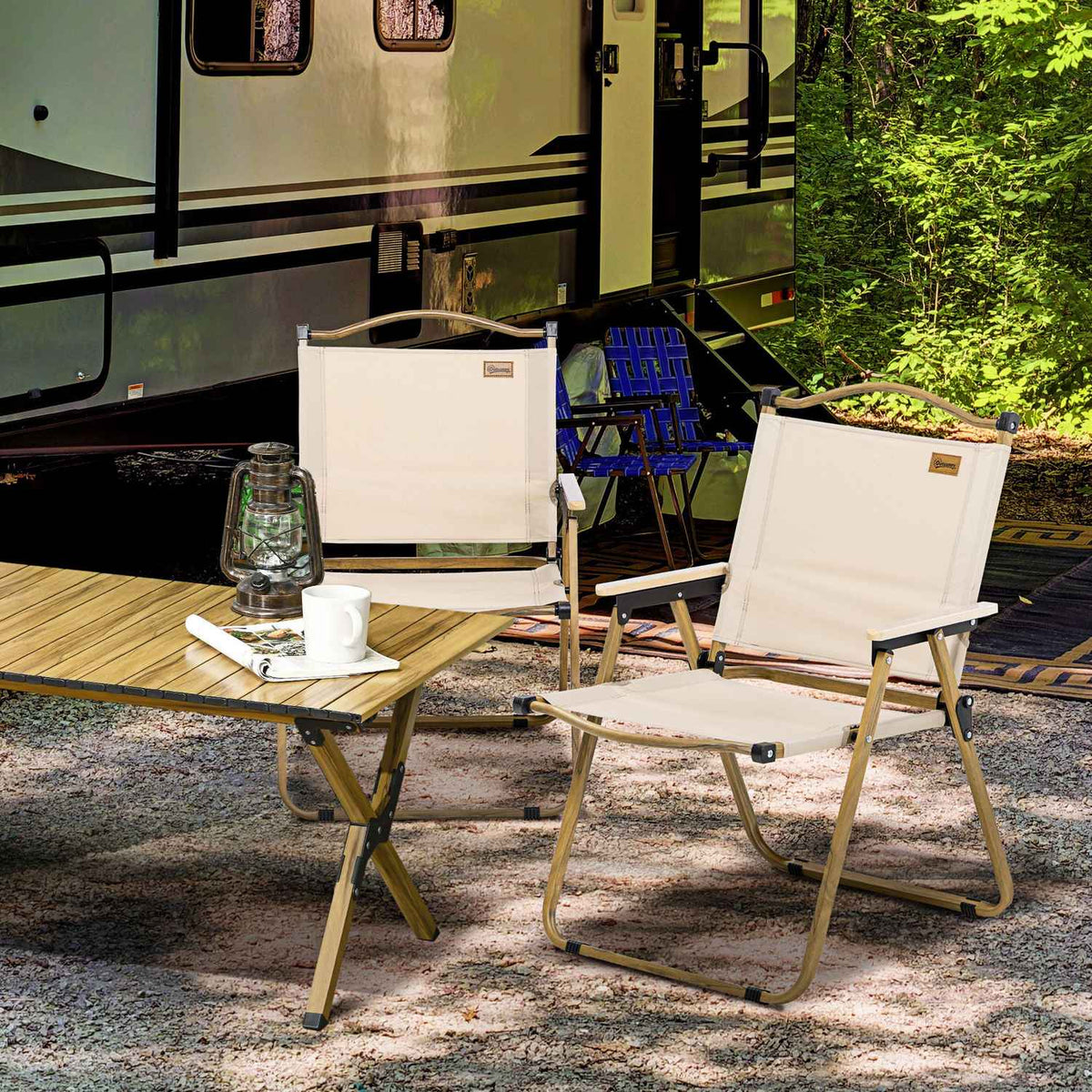 Camping Chair Set of 2 Folding Garden Chairs with Steel Frame, Wood Look, Folding Chairs for Pool, Beach, Oxford, Khaki