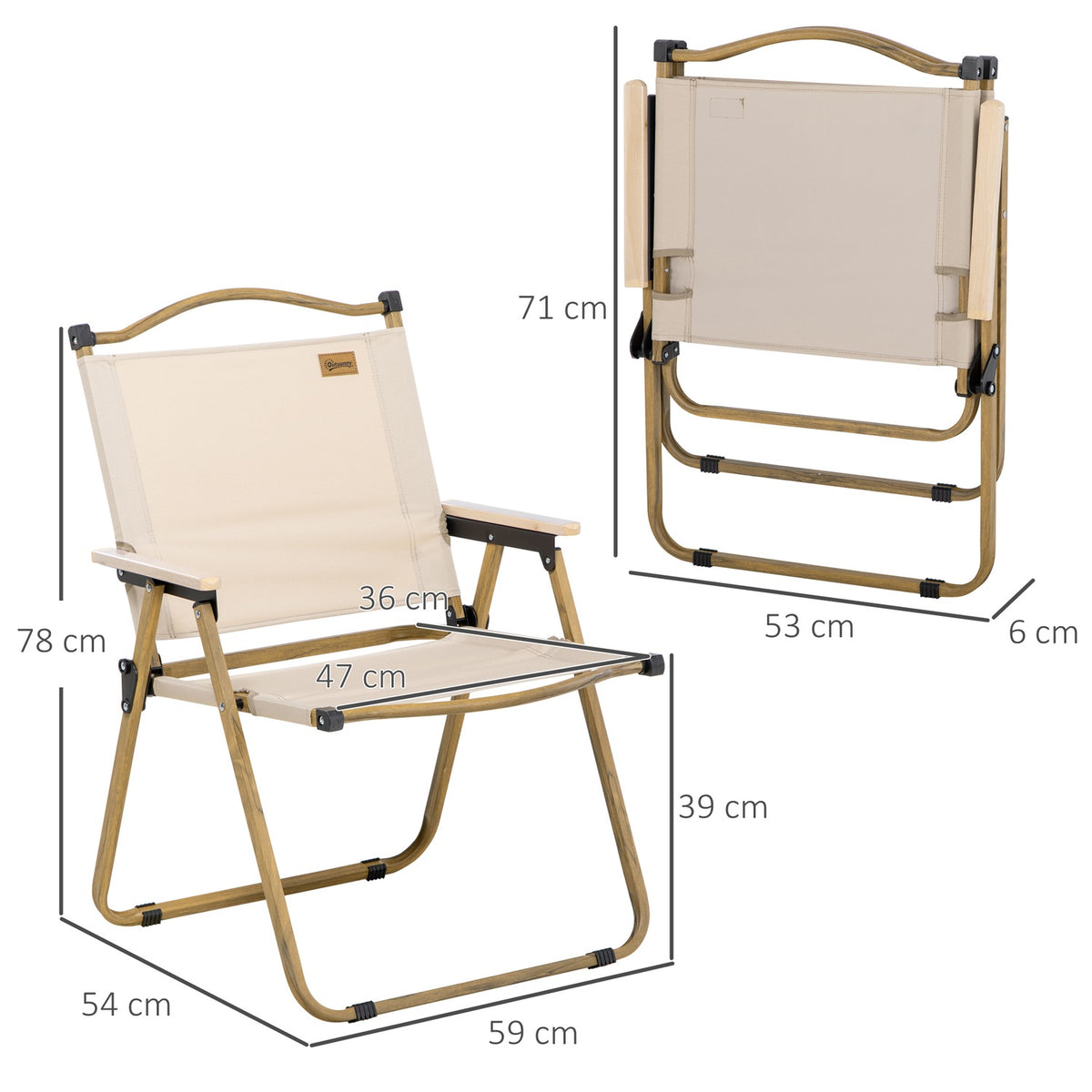 Camping Chair Set of 2 Folding Garden Chairs with Steel Frame, Wood Look, Folding Chairs for Pool, Beach, Oxford, Khaki