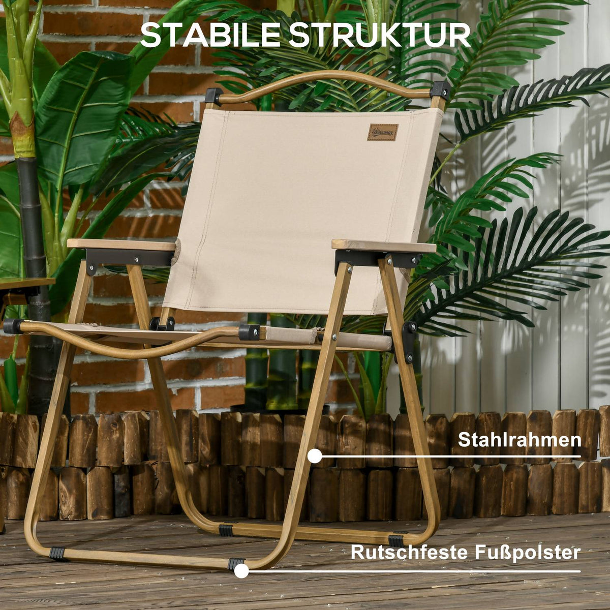 Camping Chair Set of 2 Folding Garden Chairs with Steel Frame, Wood Look, Folding Chairs for Pool, Beach, Oxford, Khaki
