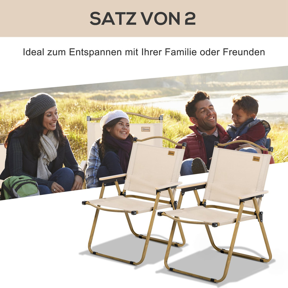 Camping Chair Set of 2 Folding Garden Chairs with Steel Frame, Wood Look, Folding Chairs for Pool, Beach, Oxford, Khaki