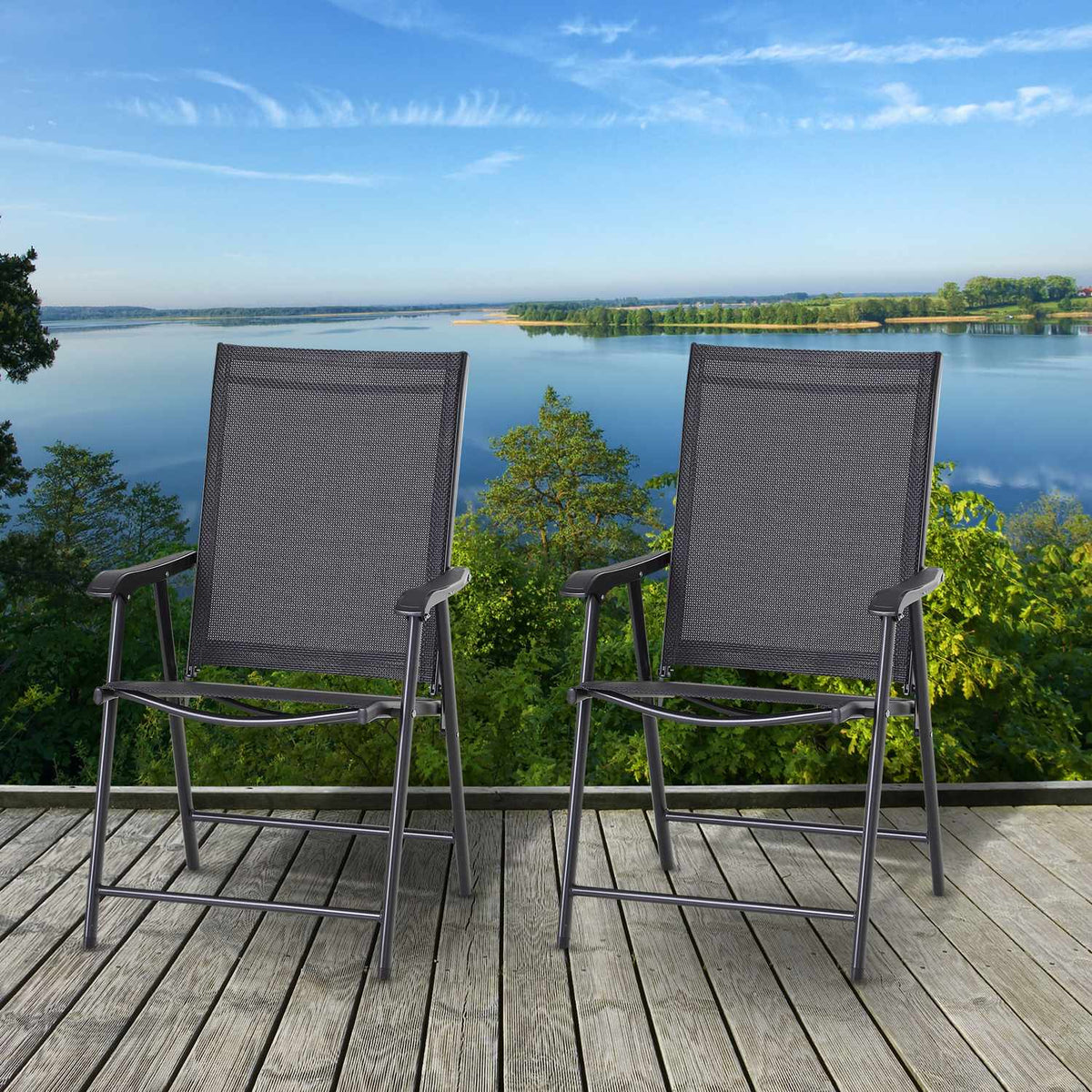 Camping Chairs Set Of 2 Folding Chair Armrest Fishing Chair Metal Black 58X64X94Cm