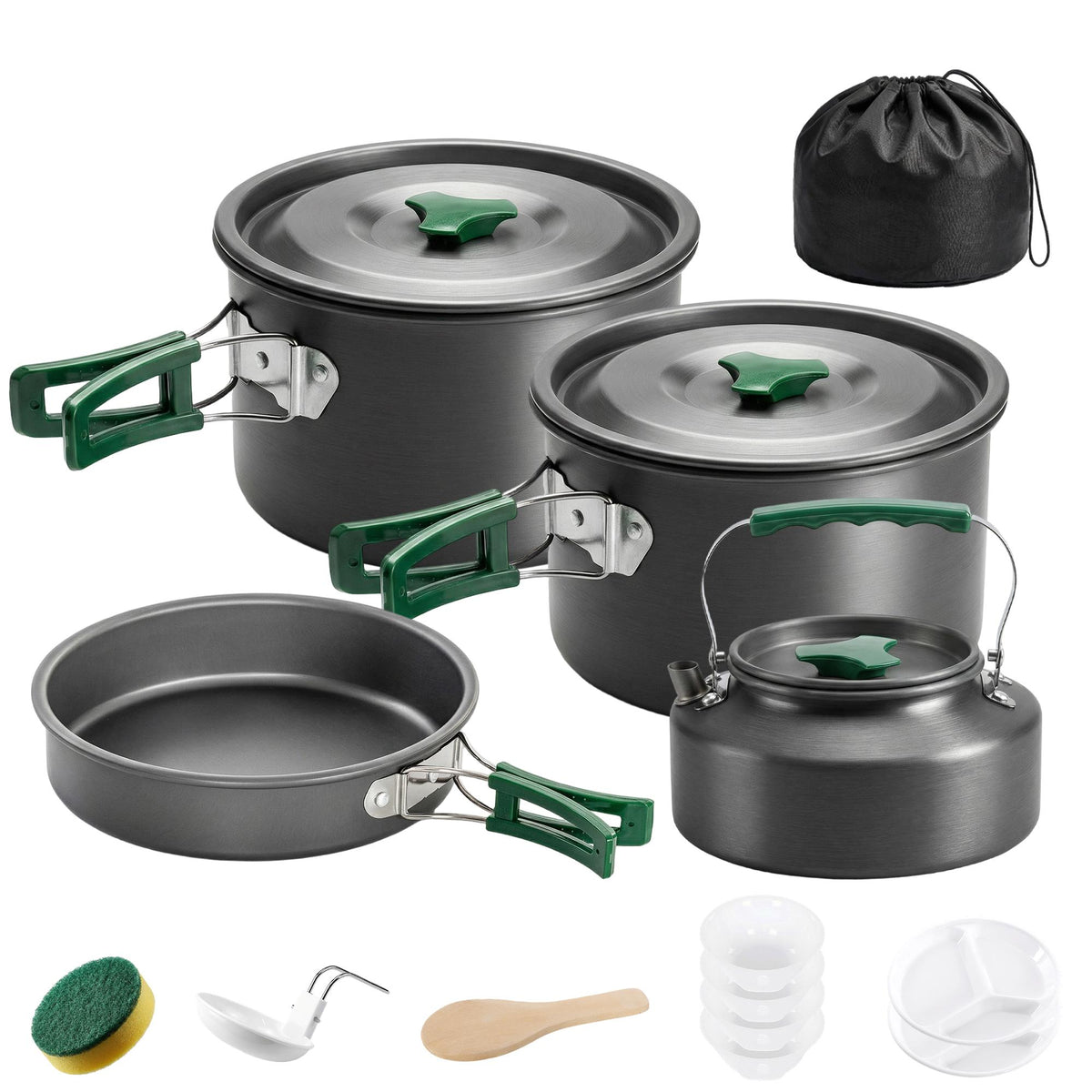 Camping Cookware Set, 5-Piece, Anti-Scald Handles, Grey