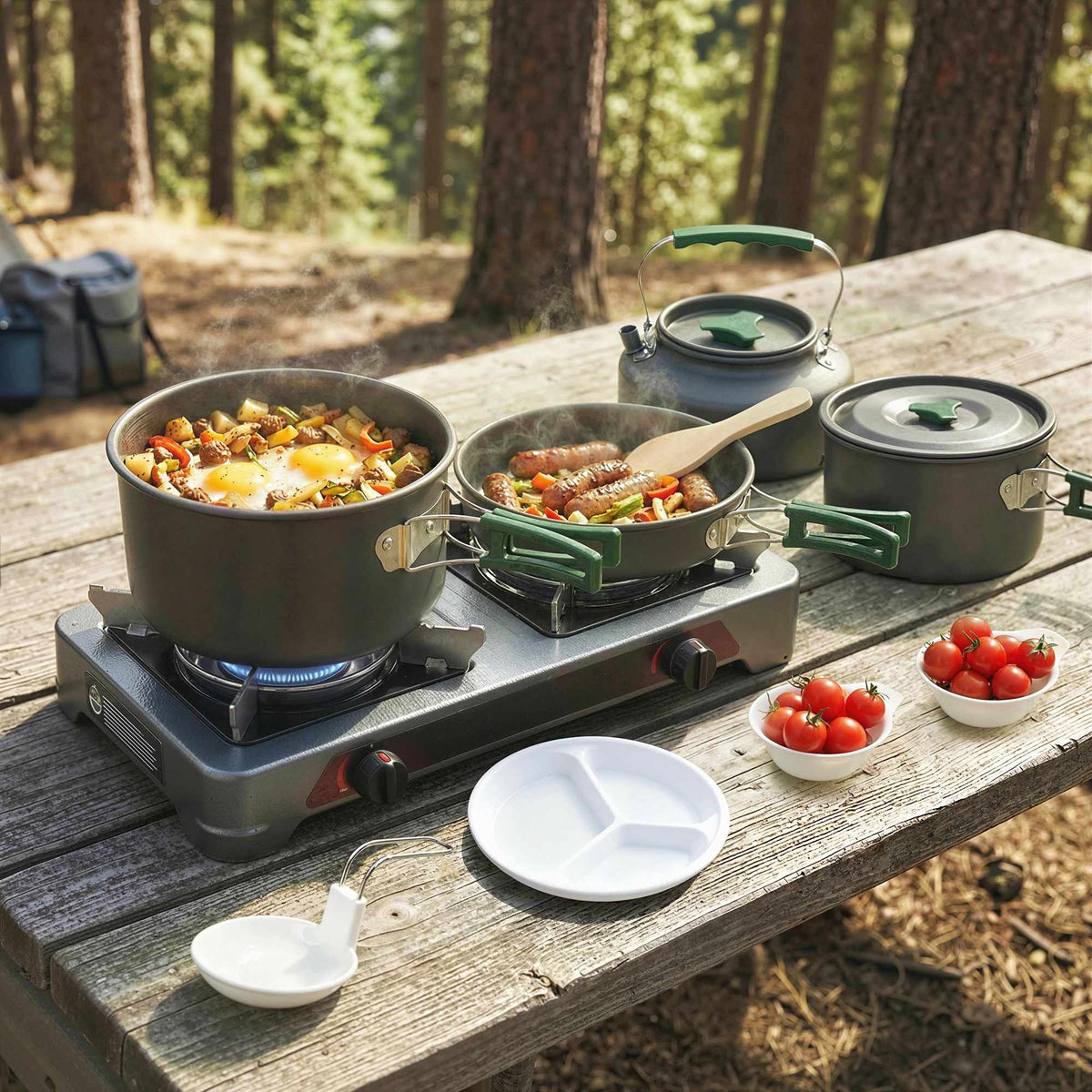 Camping Cookware Set, 5-Piece, Anti-Scald Handles, Grey