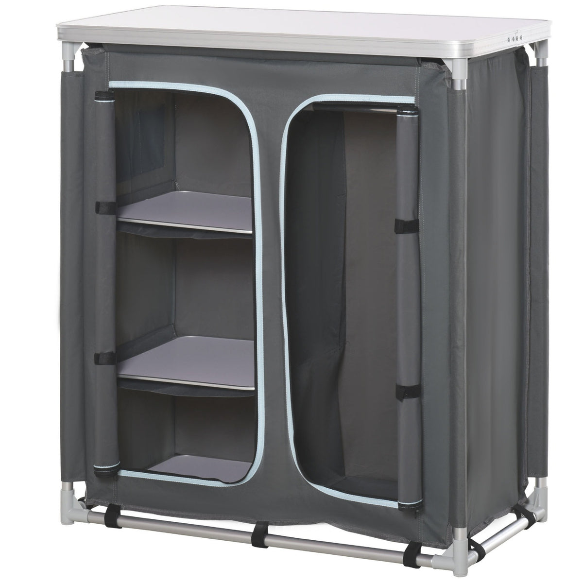 Camping Cupboard Kitchen Box Portable With Worktop Carry Bag 3 Shelves 1 Cupboard 600D Oxford Fabric Gray 96 X 49.5 X 104 Cm