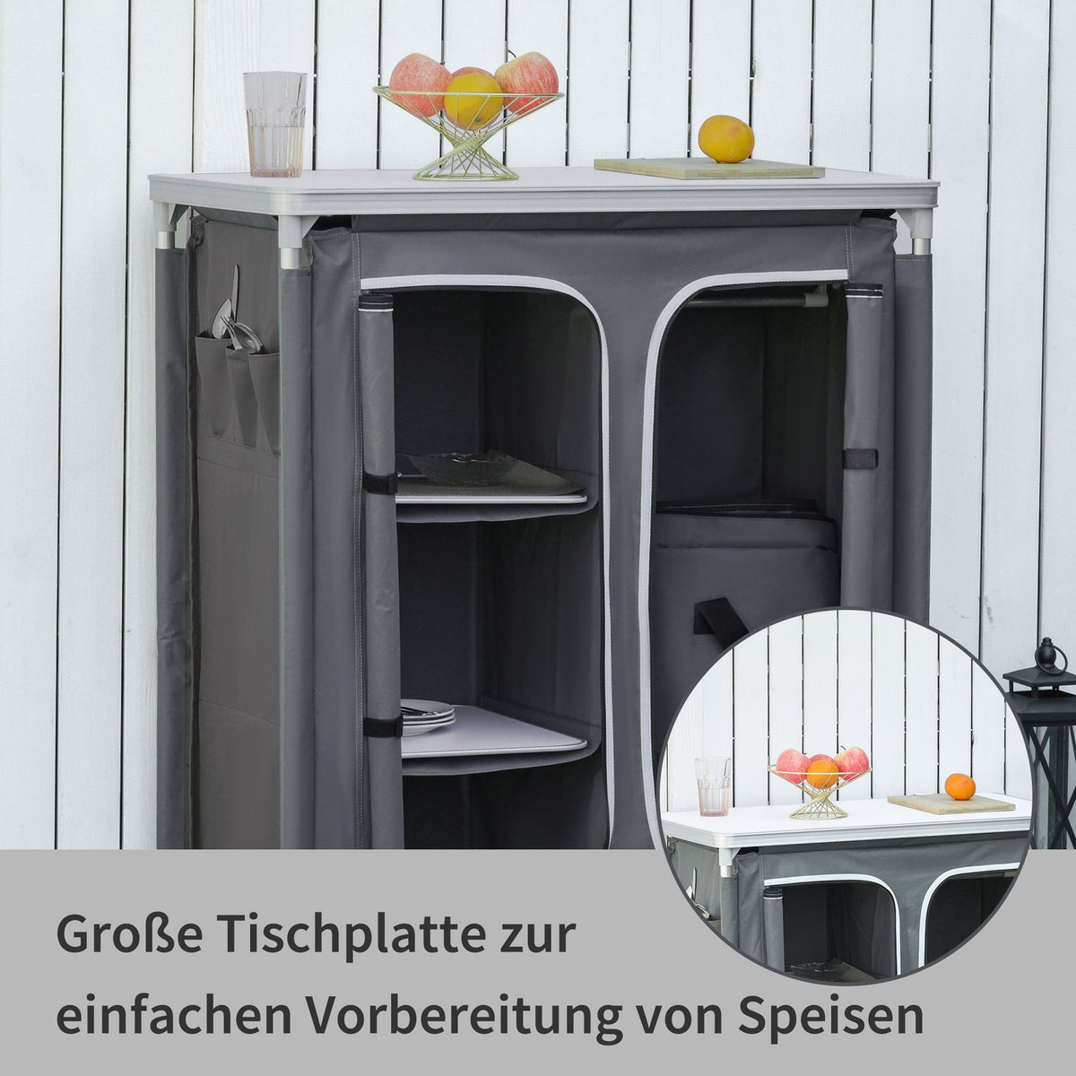Camping Cupboard Kitchen Box Portable With Worktop Carry Bag 3 Shelves 1 Cupboard 600D Oxford Fabric Gray 96 X 49.5 X 104 Cm