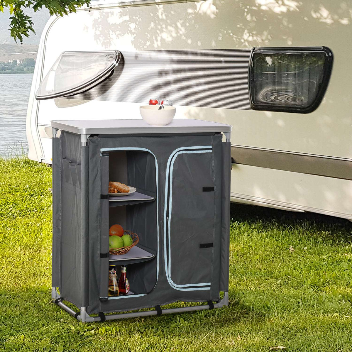 Camping Cupboard Kitchen Box Portable With Worktop Carry Bag 3 Shelves 1 Cupboard 600D Oxford Fabric Gray 96 X 49.5 X 104 Cm