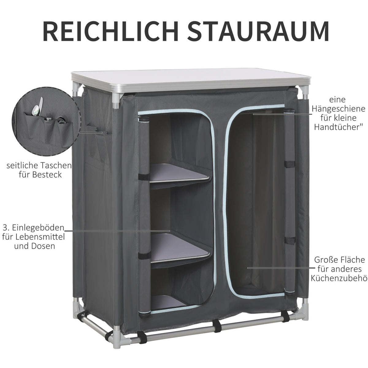 Camping Cupboard Kitchen Box Portable With Worktop Carry Bag 3 Shelves 1 Cupboard 600D Oxford Fabric Gray 96 X 49.5 X 104 Cm