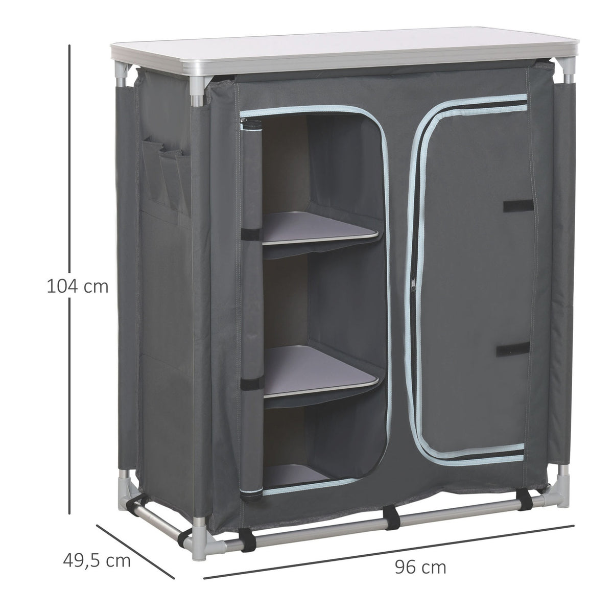 Camping Cupboard Kitchen Box Portable With Worktop Carry Bag 3 Shelves 1 Cupboard 600D Oxford Fabric Gray 96 X 49.5 X 104 Cm