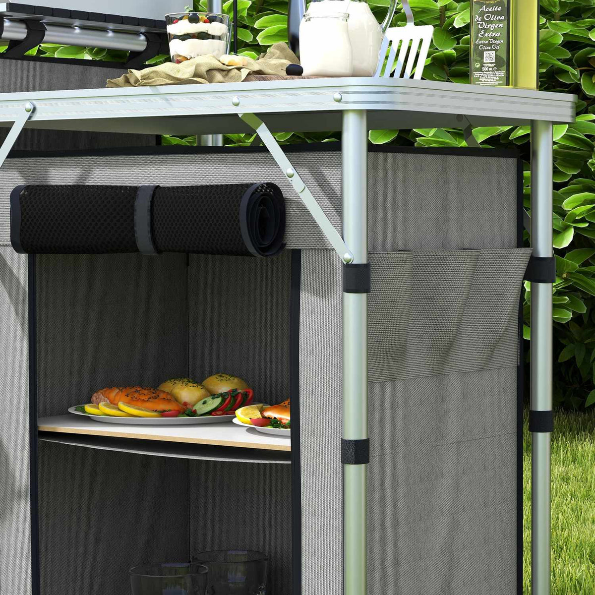 Camping Kitchen Folding Kitchen Wind Protection 3 Cabinets 3 Worktops Adjustable Light Stand Camping Garden Aluminum Oxford Gray