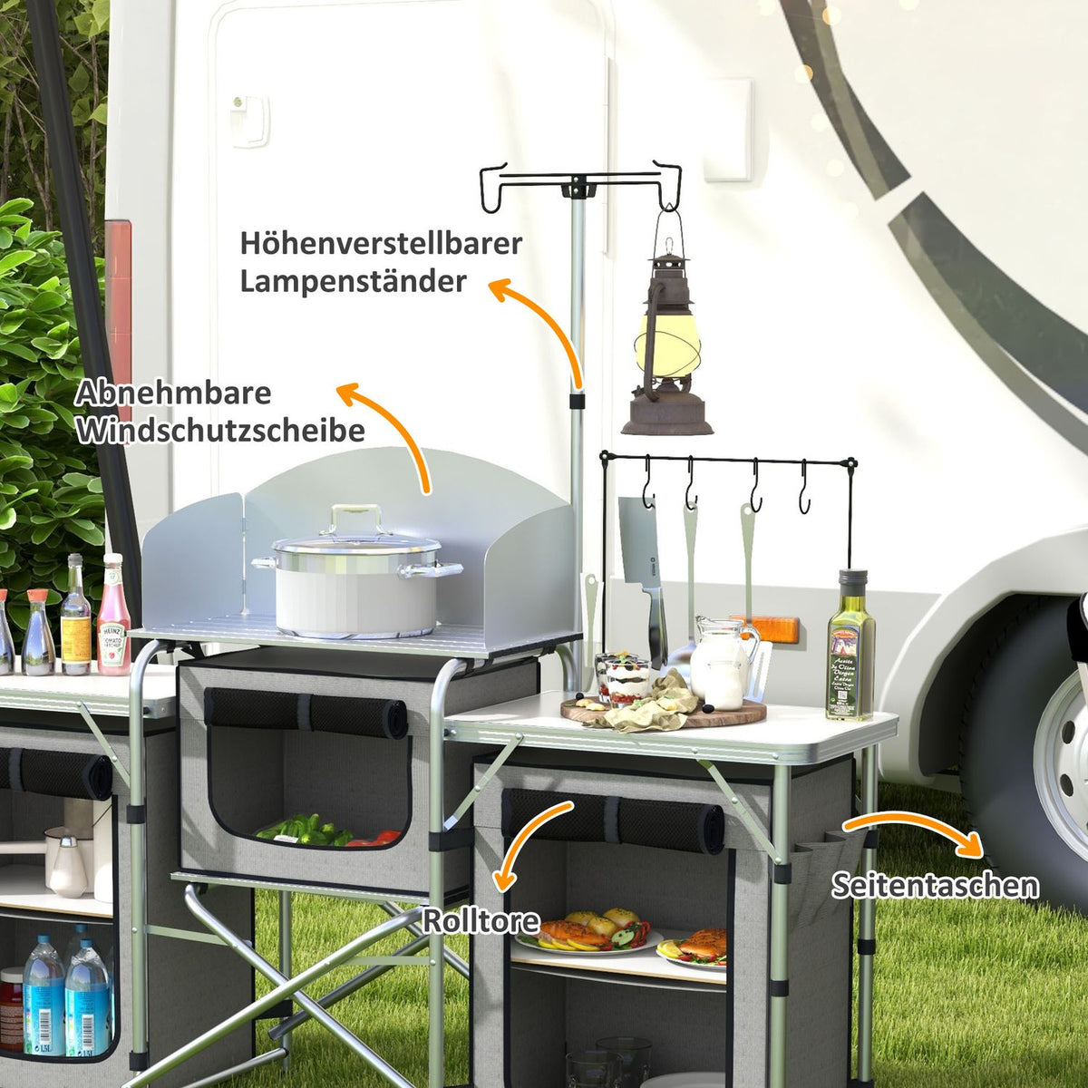 Camping Kitchen Folding Kitchen Wind Protection 3 Cabinets 3 Worktops Adjustable Light Stand Camping Garden Aluminum Oxford Gray
