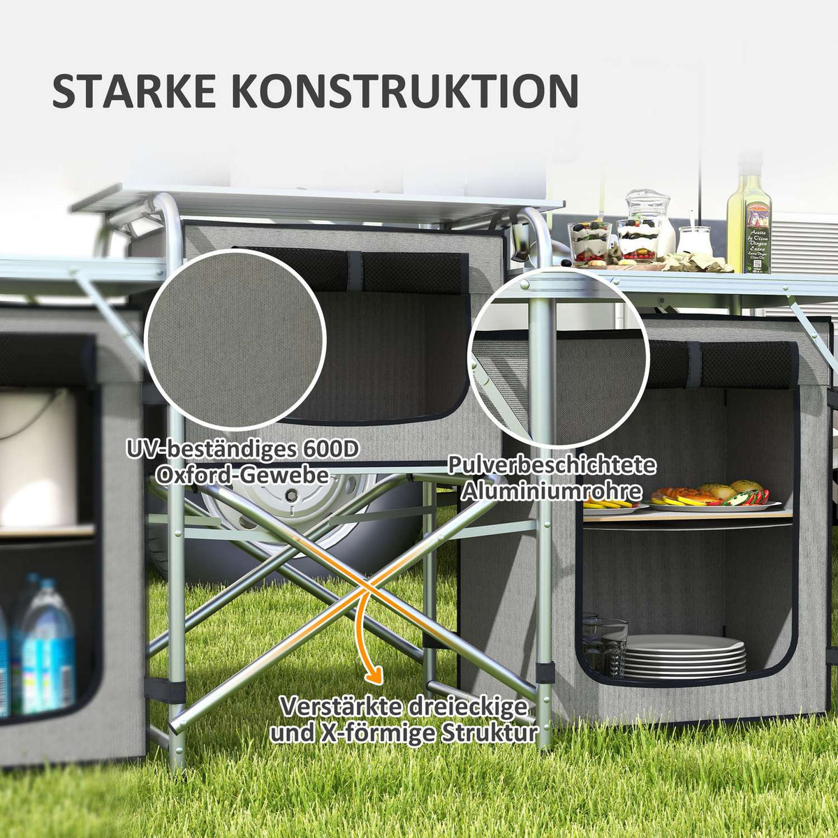 Camping Kitchen Folding Kitchen Wind Protection 3 Cabinets 3 Worktops Adjustable Light Stand Camping Garden Aluminum Oxford Gray
