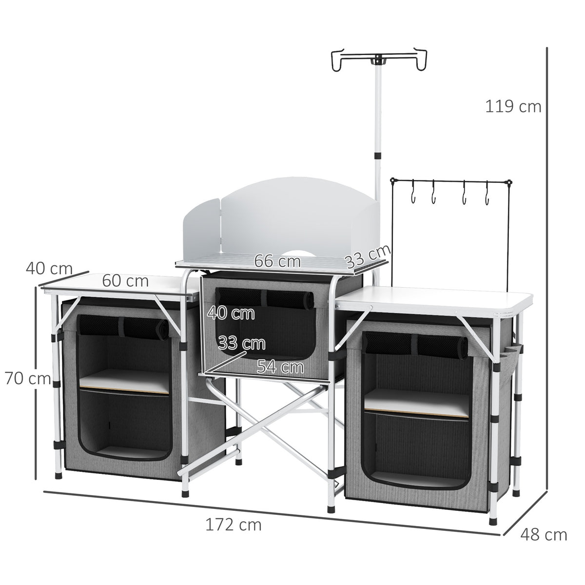 Camping Kitchen Folding Kitchen Wind Protection 3 Cabinets 3 Worktops Adjustable Light Stand Camping Garden Aluminum Oxford Gray