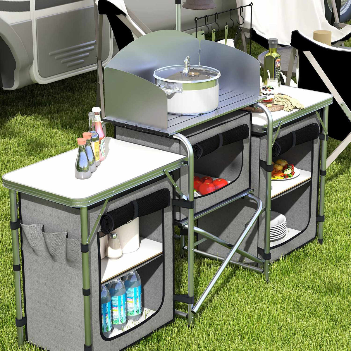 Camping Kitchen Folding Kitchen Wind Protection 3 Cabinets 3 Worktops Adjustable Light Stand Camping Garden Aluminum Oxford Gray