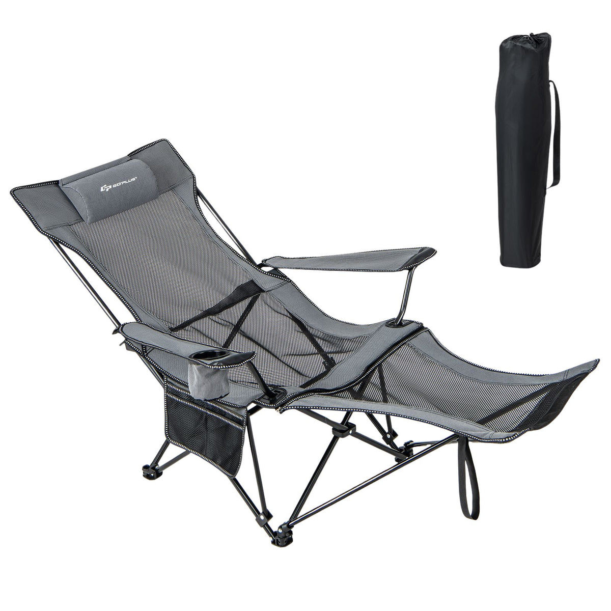 Camping Lounge Chair – Adjustable Backrest, Detachable Footrest, Gray
