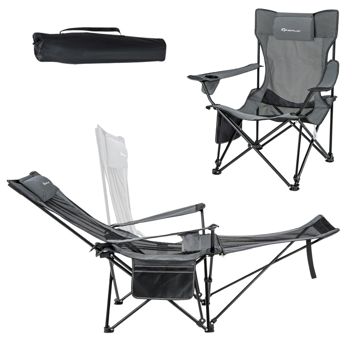 Camping Lounge Chair – Adjustable Backrest, Detachable Footrest, Gray