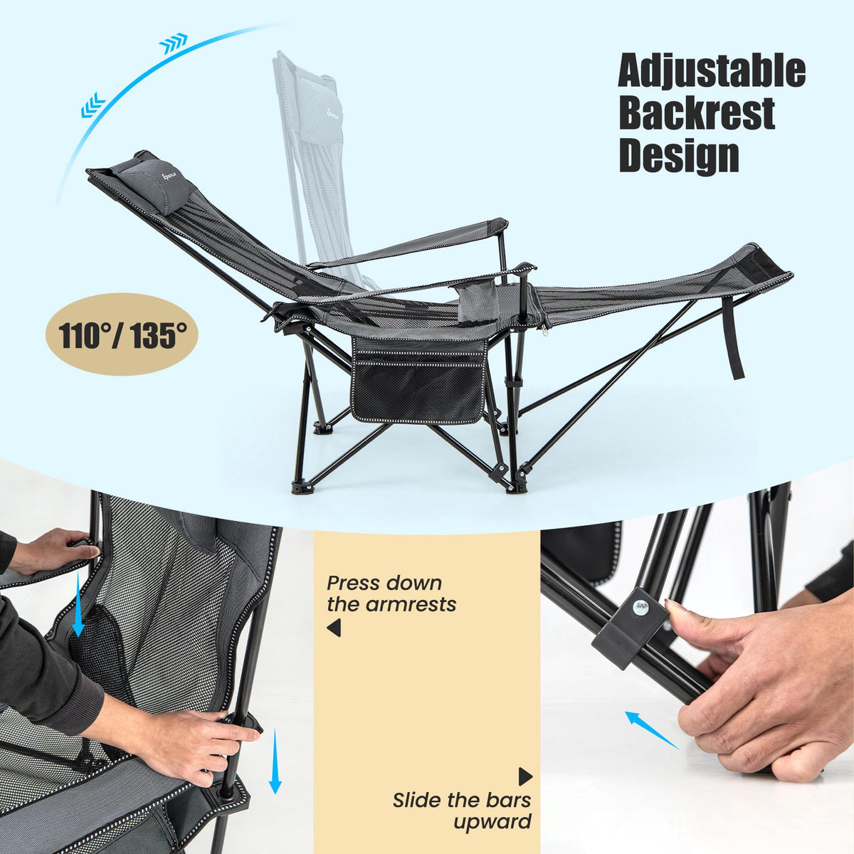 Camping Lounge Chair – Adjustable Backrest, Detachable Footrest, Gray