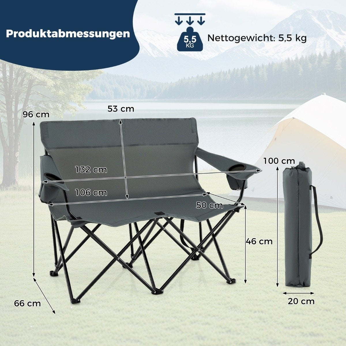 Camping Loveseat Chair for 2 with Cup Holders & Bag