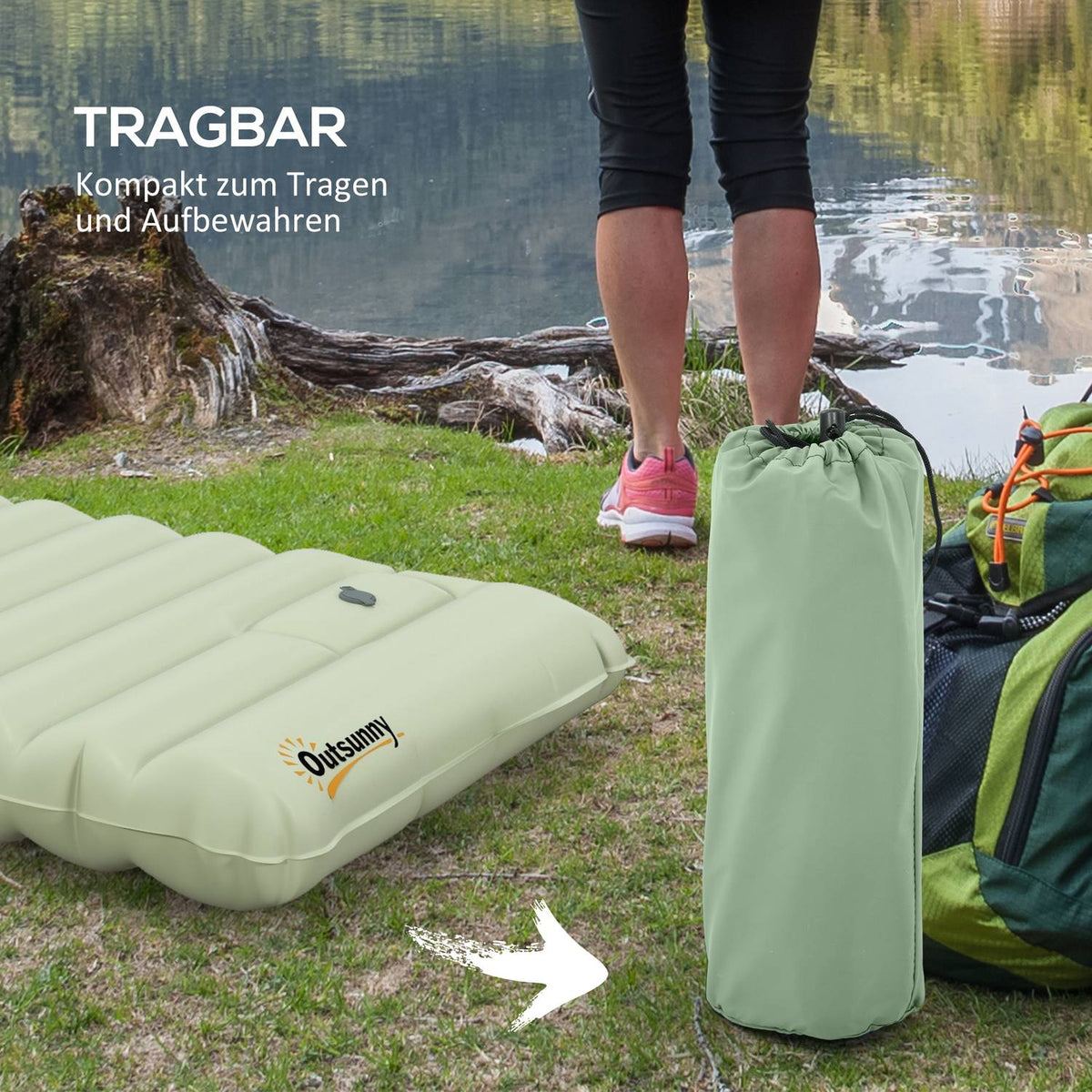 Camping Sleeping Mat Water-Repellent Air Mattress With Foot Pump & Carry Bag, Green, Up To 80Kg