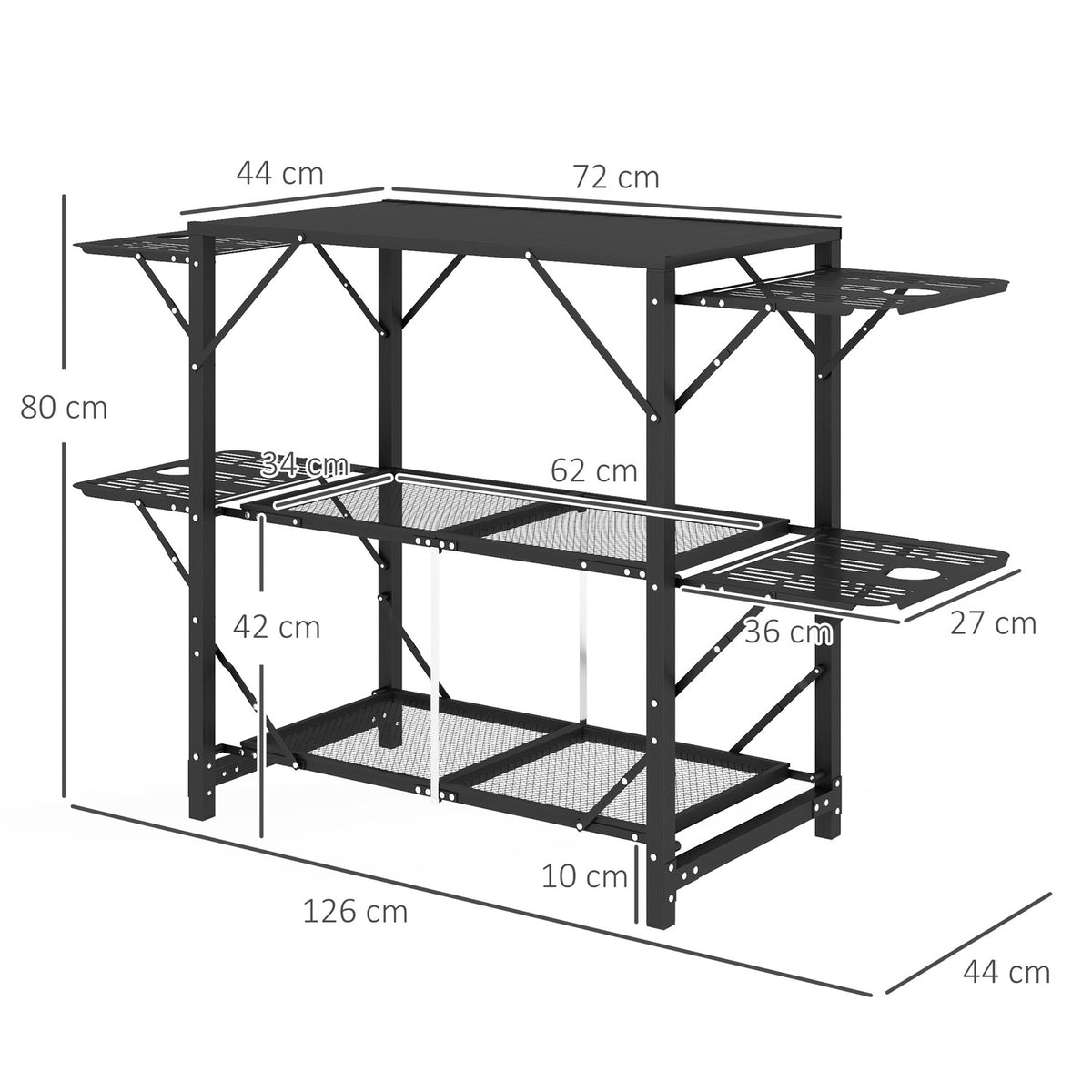 Camping Table Foldable Camping Kitchen Table With 2 Shelves 4 Side Tables Picnic Table With Cup Holder Bag For Bbq Metal Black