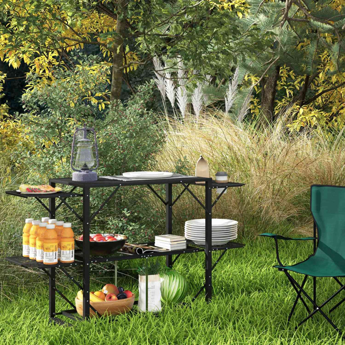 Camping Table Foldable Camping Kitchen Table With 2 Shelves 4 Side Tables Picnic Table With Cup Holder Bag For Bbq Metal Black