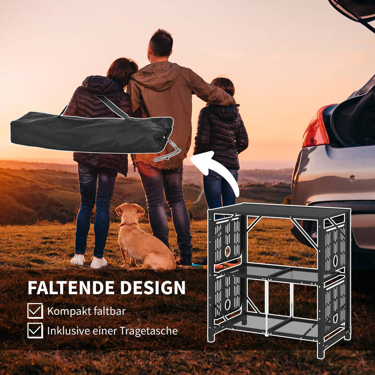 Camping Table Foldable Camping Kitchen Table With 2 Shelves 4 Side Tables Picnic Table With Cup Holder Bag For Bbq Metal Black