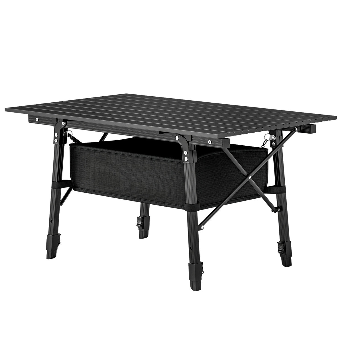 Camping Table, Folding Picnic Table with Storage Basket, Carry Bag, Height Adjustable Folding Table, for Garden Parties, Camping, Barbecue, Aluminum Black